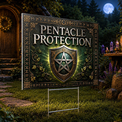 Pentacle Protection Shield Wreath Wicca Yard Sign - porch scene