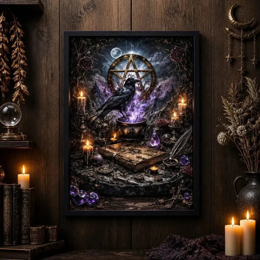 Gothic Raven & Pentacle Witchy Halloween Wall Art - Dark Crow Black Framed Canvas Print for Witch Home Decor_mockup_2.webp