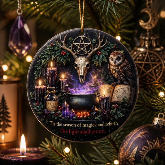 Sacred Wiccan Yule Ceramic Ornament with Pentacle Skull Deer – Pagan Ritual Tree Ornament_mockup_1.webp