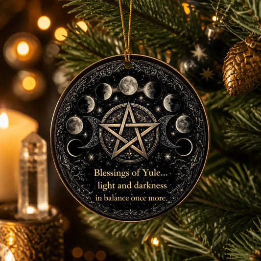 Wicca Pentagram Moon Phase Pagan Yule Ceramic Ornament –  Witchy Christmas Decor_mockup_1.webp
