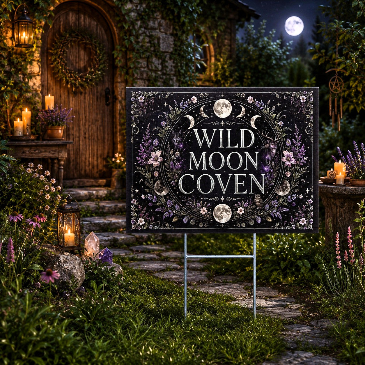 Wild Moon Coven Triple Moon Floral Wicca Yard Sign - close up detail
