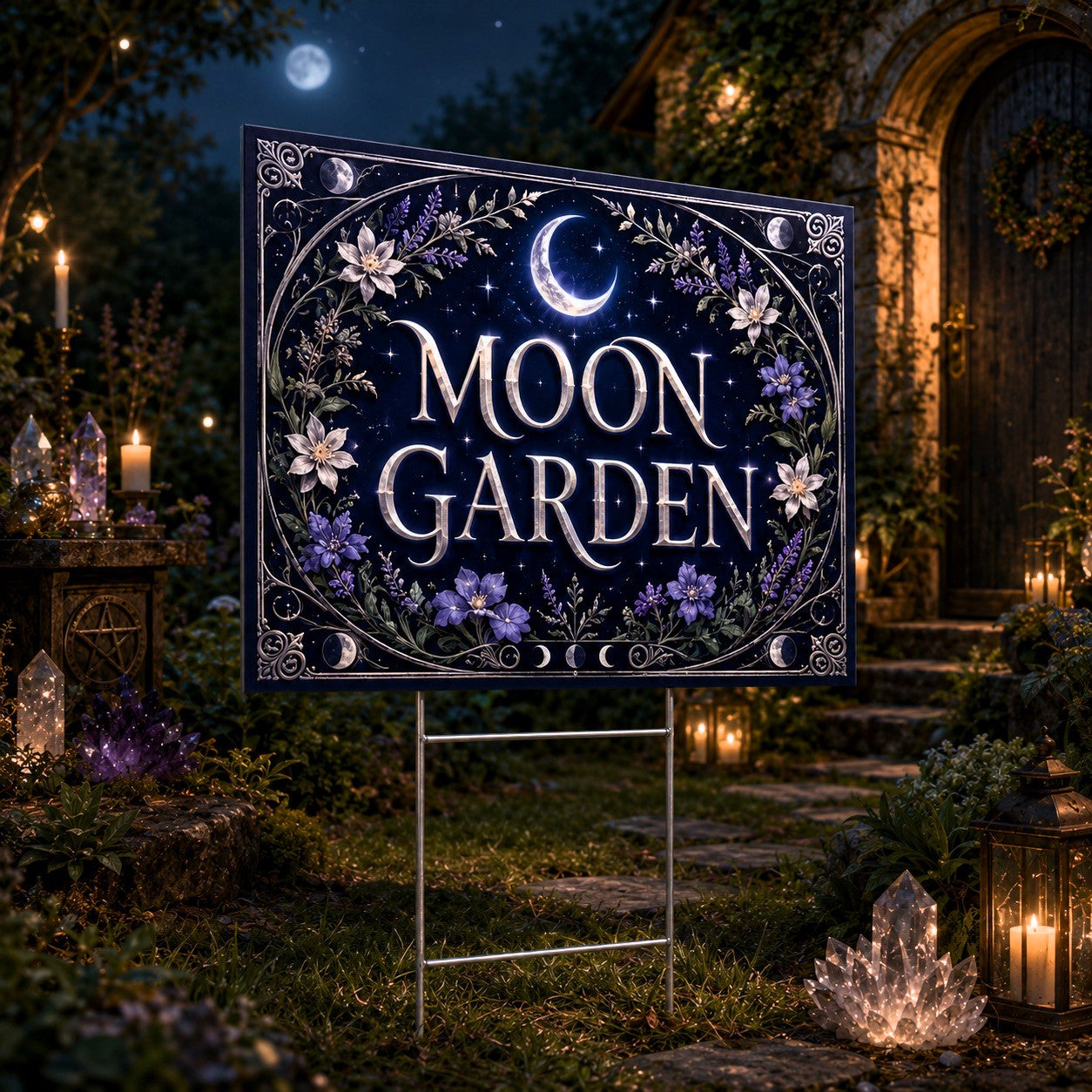 Moon Garden Crescent Moon Flowers Wicca Yard Sign - garden display