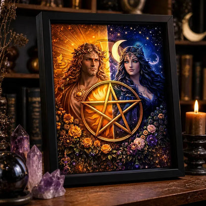 Pagan Sun Moon Goddess Print with Pentacle - Black Framed Canvas Wall Art for Wiccan Home Decor_mockup_3.webp