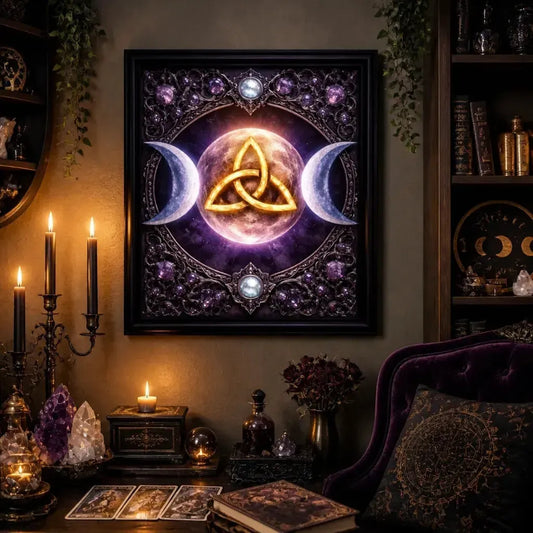 Pagan Triple Moon & Triquetra Black Framed Art Print - Wicca Canvas Wall Art for Sacred Decor_mockup_1.webp
