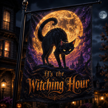 Black Cat Witching Hour house flag displayed outdoors on a garden flag stand