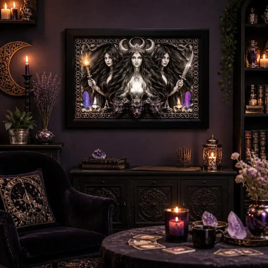 Gothic Triple Moon Goddess Canvas Print - Pagan Black Framed Wall Art for Altar & Meditation Room_mockup_1.webp