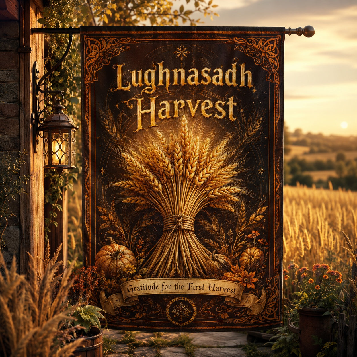 Lughnasadh Harvest house flag with Gratitude for the First Harvest wheat design