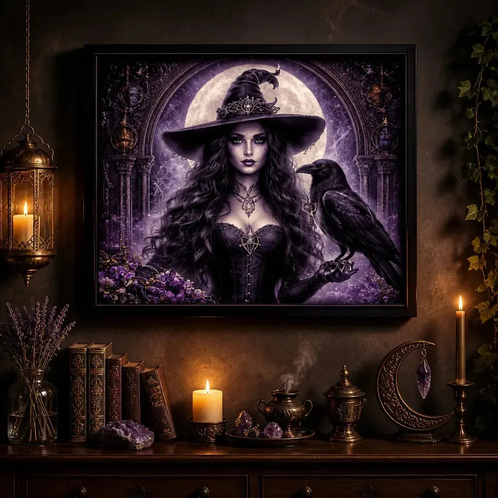 Dark Witch Aesthetic Print with Raven - Gothic Black Framed Canvas Art for Halloween Wall Decor_mockup_2.webp