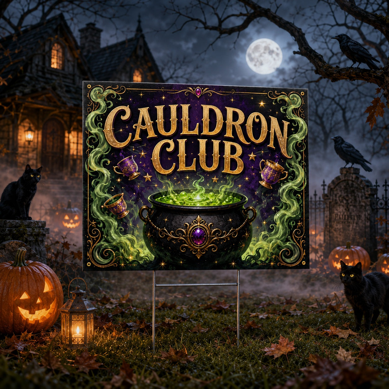 Cauldron Club Witchy Halloween Yard Sign - porch scene