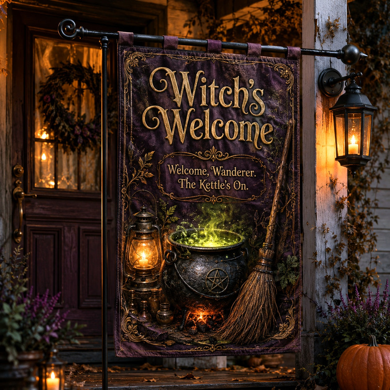 Witchs Welcome house flag with Welcome Wanderer cauldron and broom design