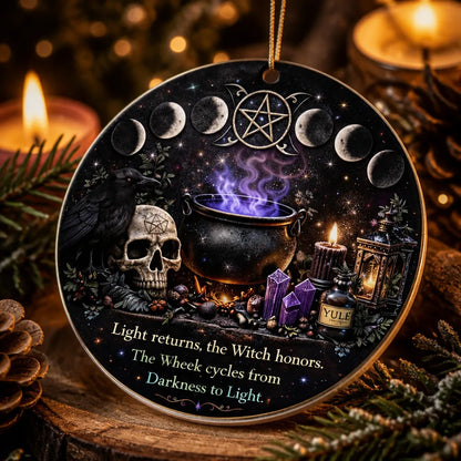 Gothic Skull Yule Ceramic Ornament with Moon Phase – Halloween Style Christmas Ornament_mockup_2.webp