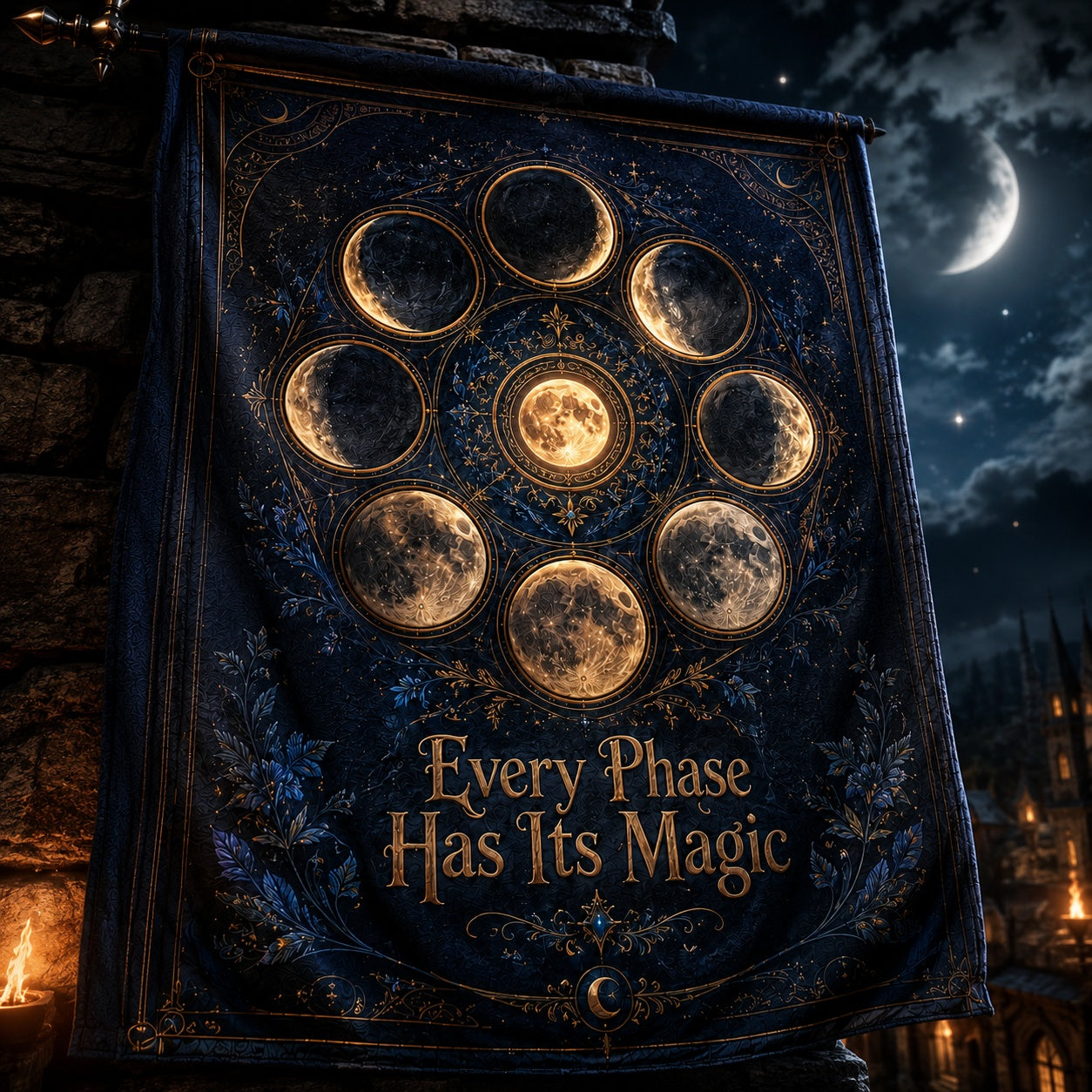 Moon Phase Wheel house flag displayed outdoors on a garden flag stand