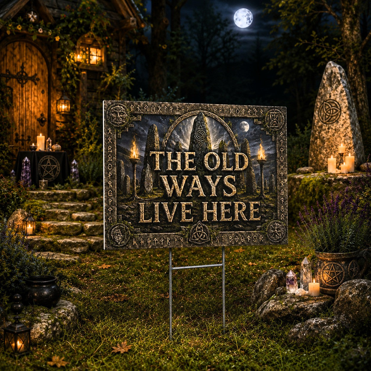 The Old Ways Live Here Ancient Runes Wicca Yard Sign - porch scene