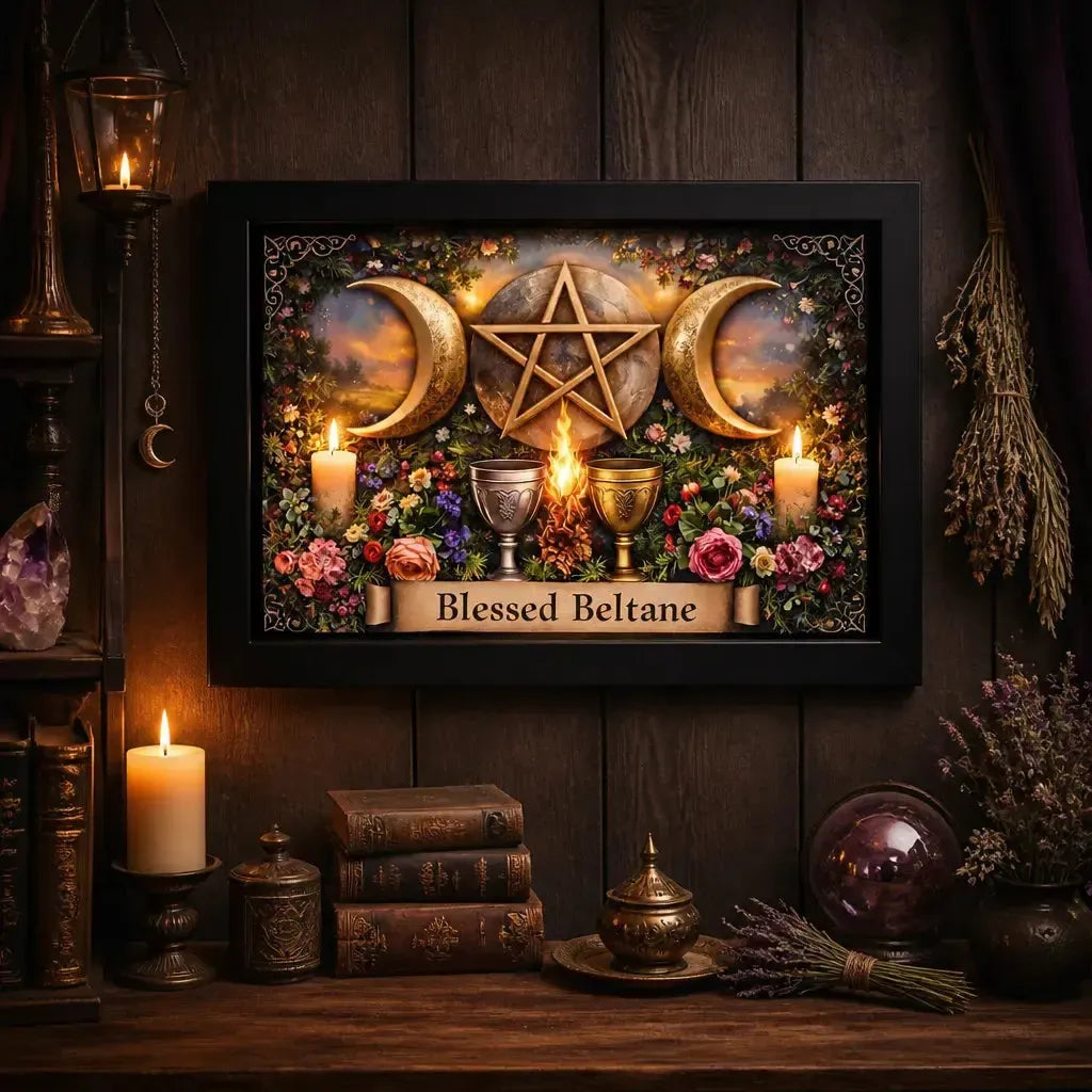 Wicca Beltane Triple Moon Black Framed Art Print - Mystical Canvas Wall Art for Pagan Home Decor_mockup_2.webp