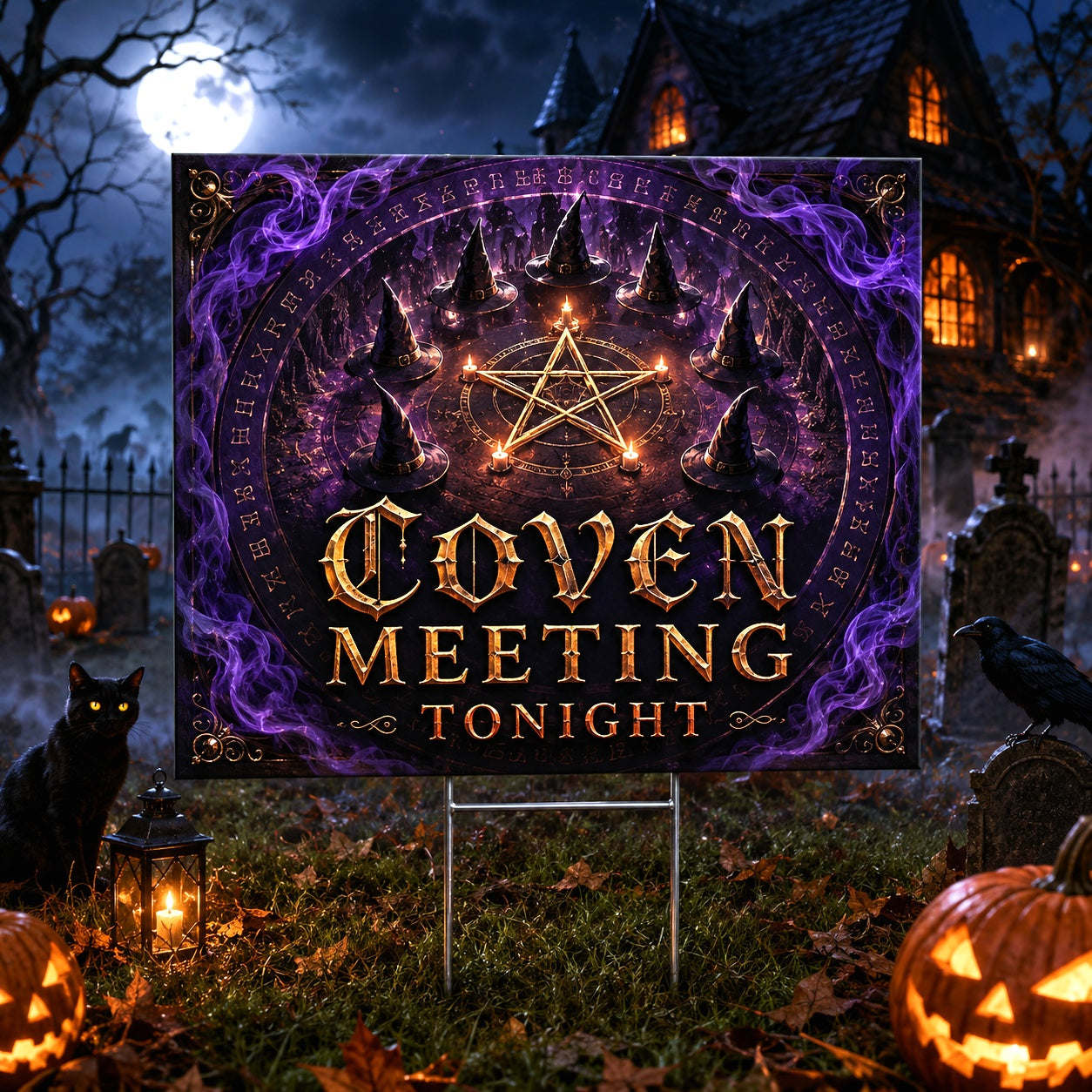 Coven Meeting on Halloween Night Yard Sign - front view