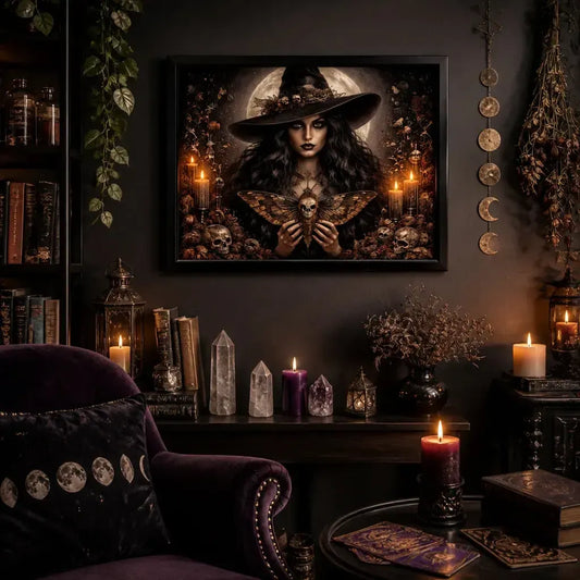 Moon Death Moth Gothic Witchy Decor - Halloween Black Framed Art Print Canvas for Witch Wall Decor_mockup_1.webp