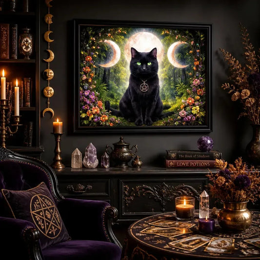 Wiccan Home Decor Triple Moon Black Cat Wall Art - Black Framed Canvas Print for Witchy Decor_mockup_1.webp