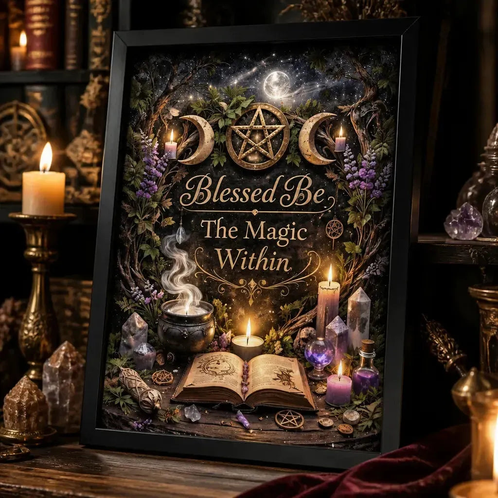 Wiccan Canvas Wall Art with Triple Moon - Black Framed Pagan Print for Witch Home Decor_mockup_3.webp