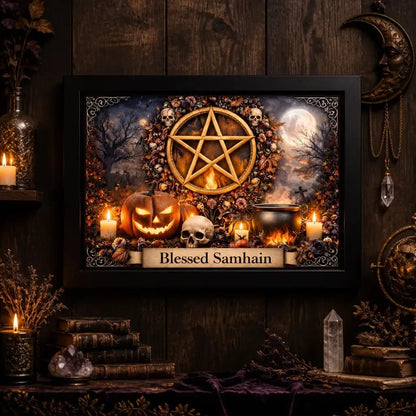 Gothic Witchcraft Pentacle Halloween Home Decor - Wicca Samhain Black Framed Canvas Wall Art_mockup_2.webp