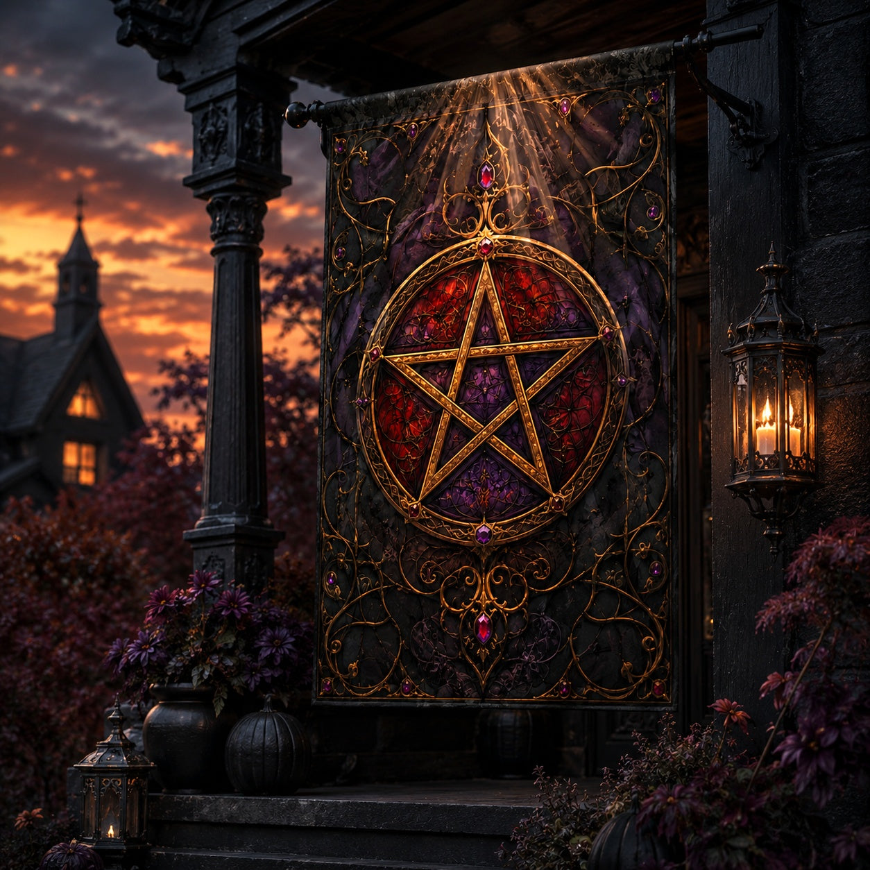 Close-up of Gothic Pentacle house flag showing pentacle artwork