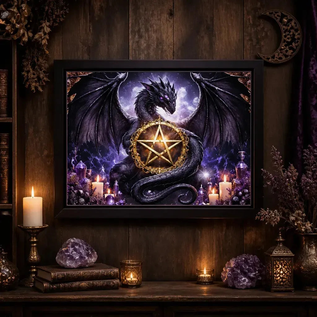Mystical Dragon Wall Art with Wicca Pentacle - Black Framed Canvas Print for Halloween Gothic Spiritual Decor_mockup_2.webp