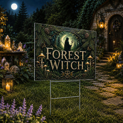 Forest Witch Silhouette Full Moon Wicca Yard Sign - close up detail