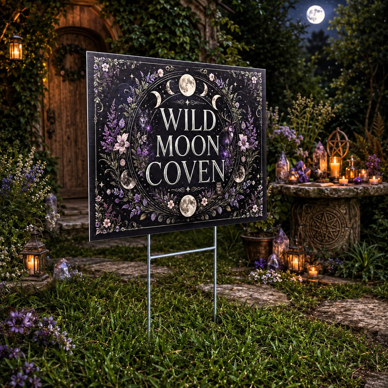 Wild Moon Coven Triple Moon Floral Wicca Yard Sign - garden display