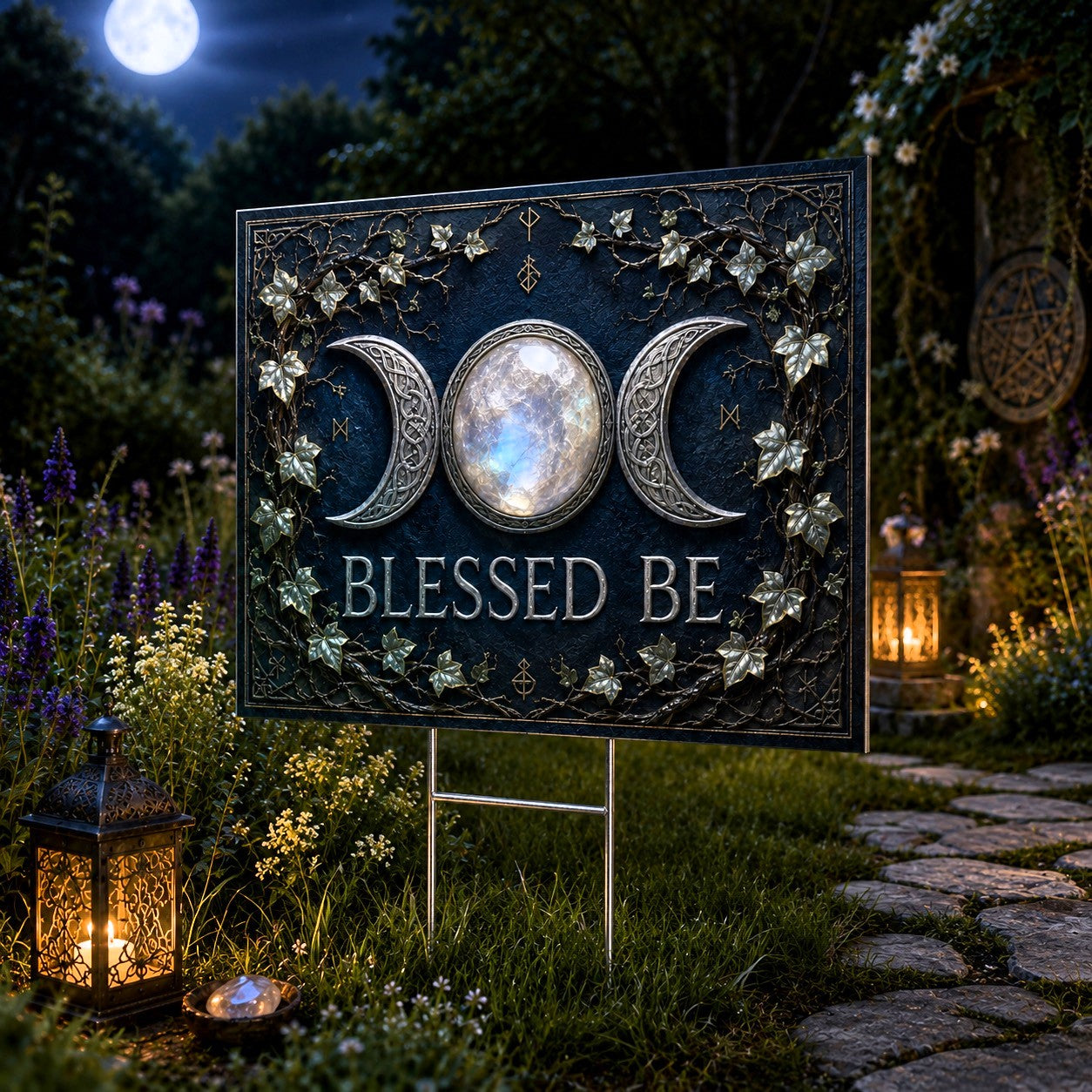 Blessed Be Triple Moon Wicca Yard Sign - close up detail