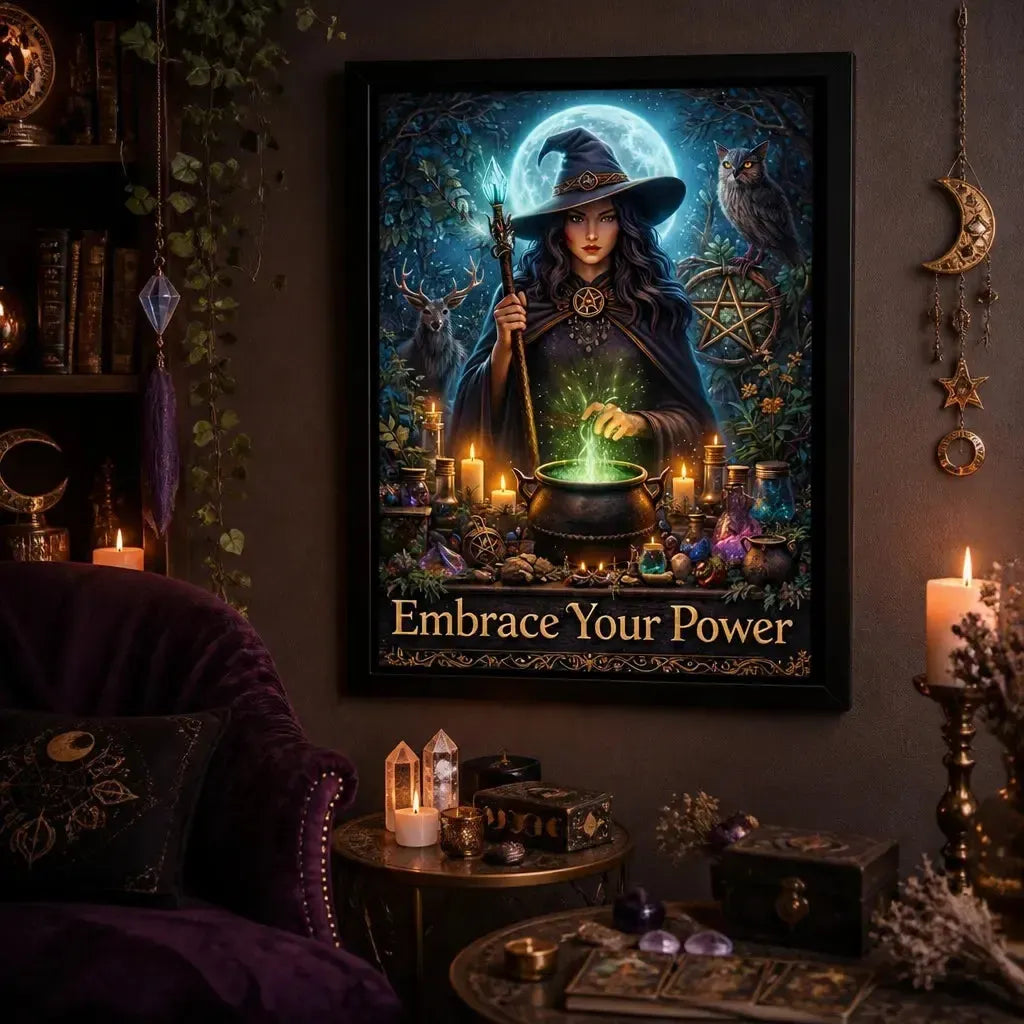 Mystical Moon Witch Canvas Wall Art - Wiccan Black Framed Print for Halloween_mockup_1.webp