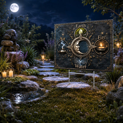 Elements Earth Air Fire Water Wicca Yard Sign - close up detail