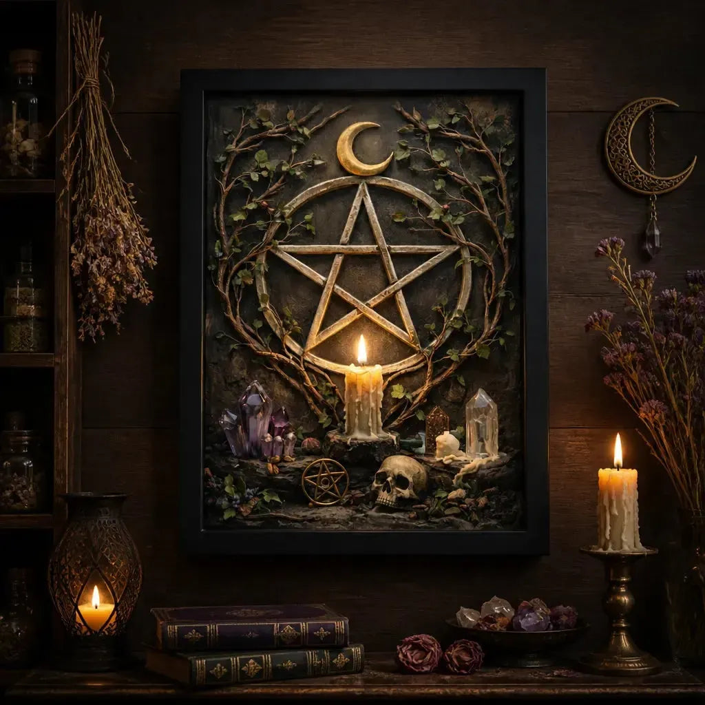 Moon Gothic Pentacle Pagan Canvas Wall Art - Wicca Black Framed Art Print for Witchy Wall Decor_mockup_2.webp