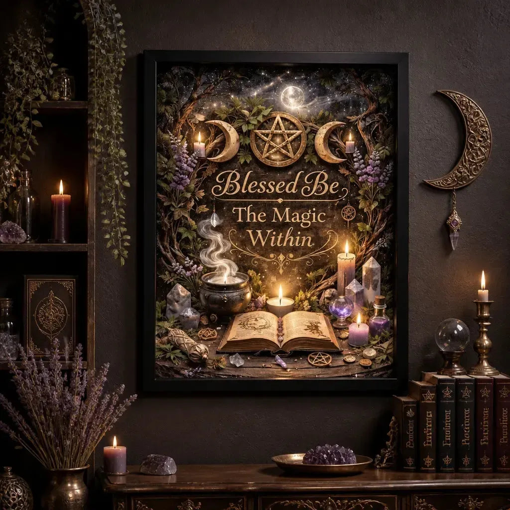 Wiccan Canvas Wall Art with Triple Moon - Black Framed Pagan Print for Witch Home Decor_mockup_2.webp