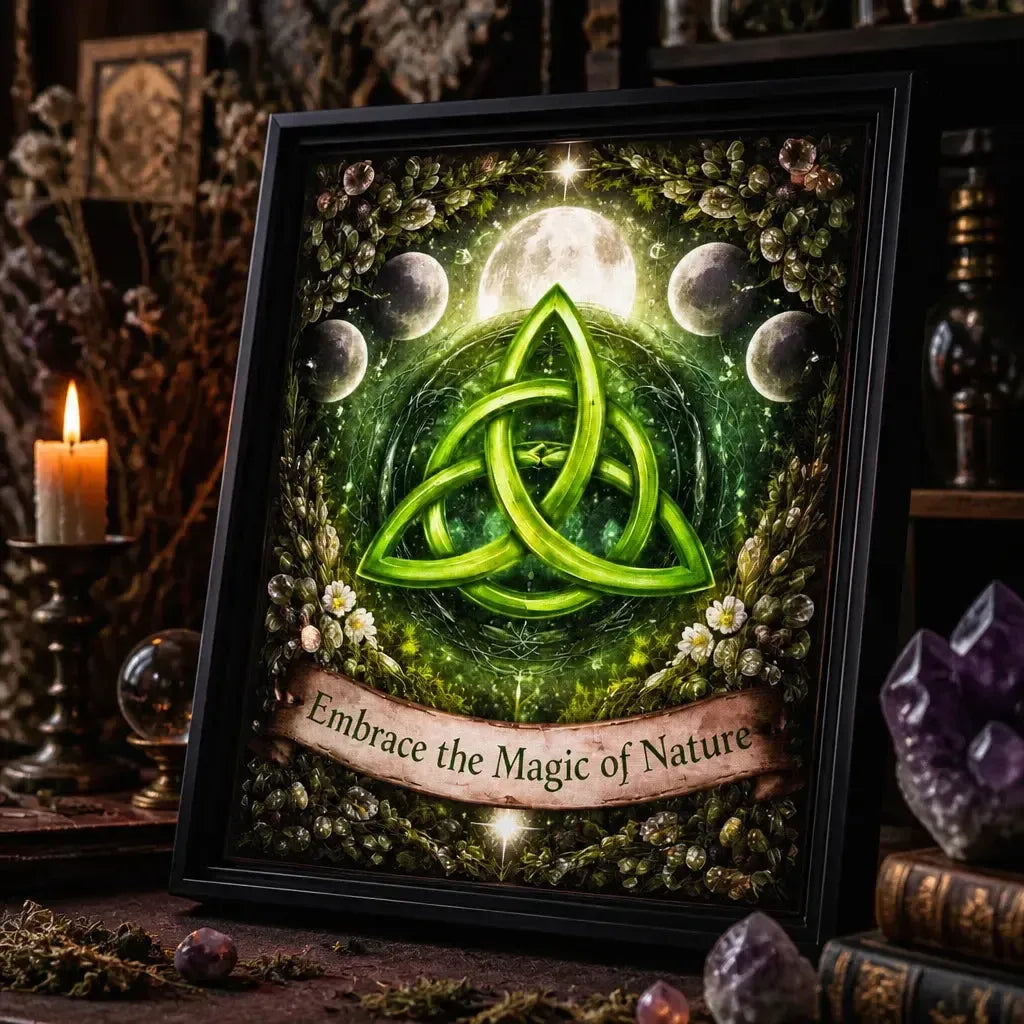 Moon Phase & Triquetra Wiccan Wall Art - Celtic Trinity Knot Black Framed Canvas for Pagan Altar Decor_mockup_3.webp