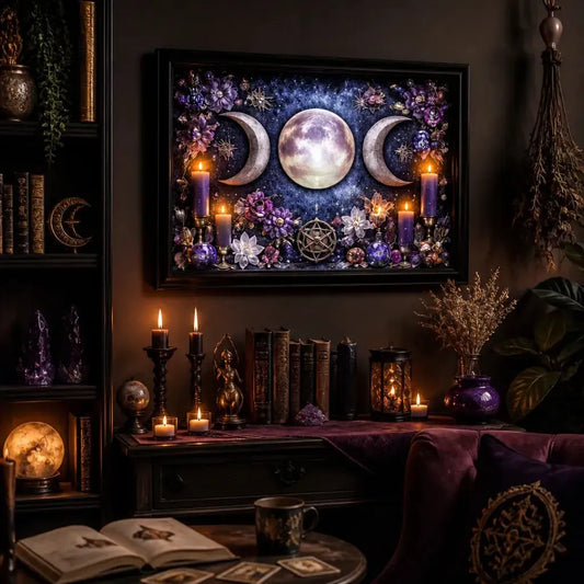 Triple Moon Pagan Wall Art - Black Framed Canvas Print for Wiccan & Witchy Decor_mockup_1.webp