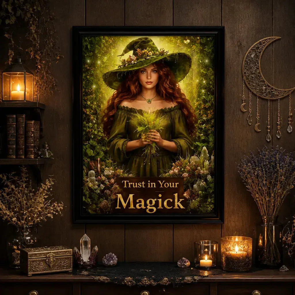 Green Witch Black Framed Art Print - Pagan Canvas Wall Decor for Wicca Sacred Space_mockup_2.webp