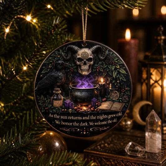 Occult Gothic Yule Ceramic Ornament with Raven, Skull – Witchy Christmas Ornament_mockup_1.webp