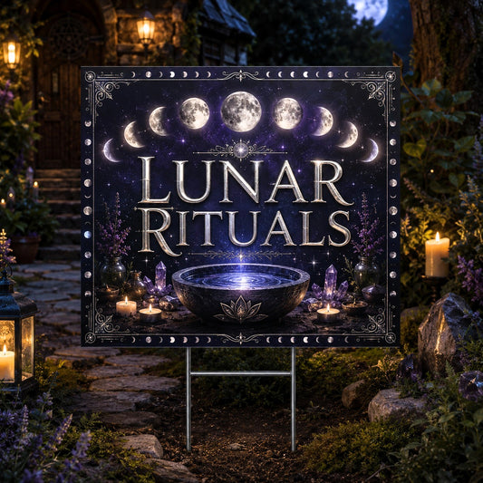 Lunar Rituals Moon Phases Cauldron Wicca Yard Sign - front view