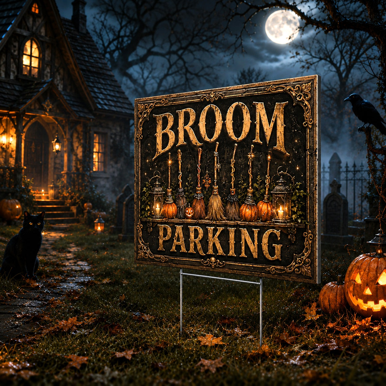 Witch Broom Parking Spooky Halloween Yard Sign - close up detail