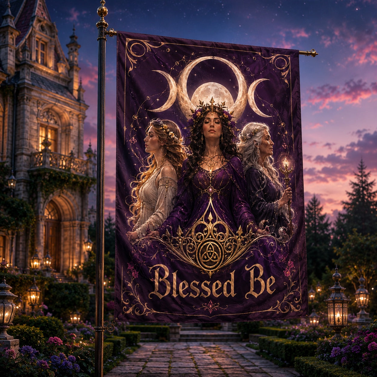 Close-up of Wicca Triple Goddess house flag showing feminine moon artwork