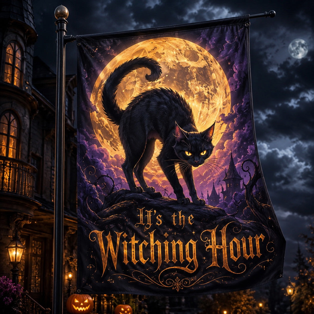 Black Cat Witching Hour house flag with full moon Halloween gothic design