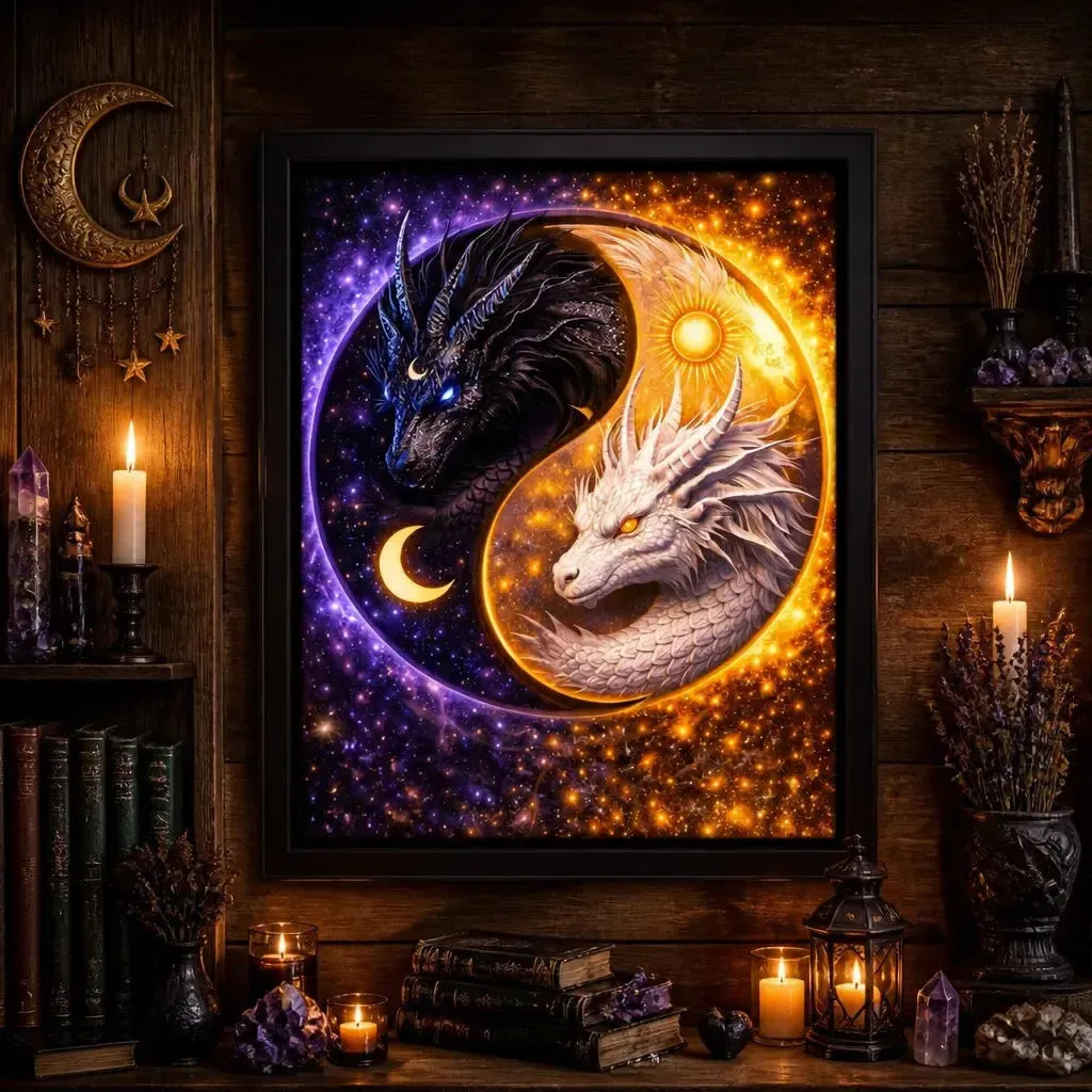 Yin-Yang Dragon Canvas Wall Art with Sun Moon - Mystical Black Framed Art Print for Pagan Altar & Sacred Space_mockup_2.webp