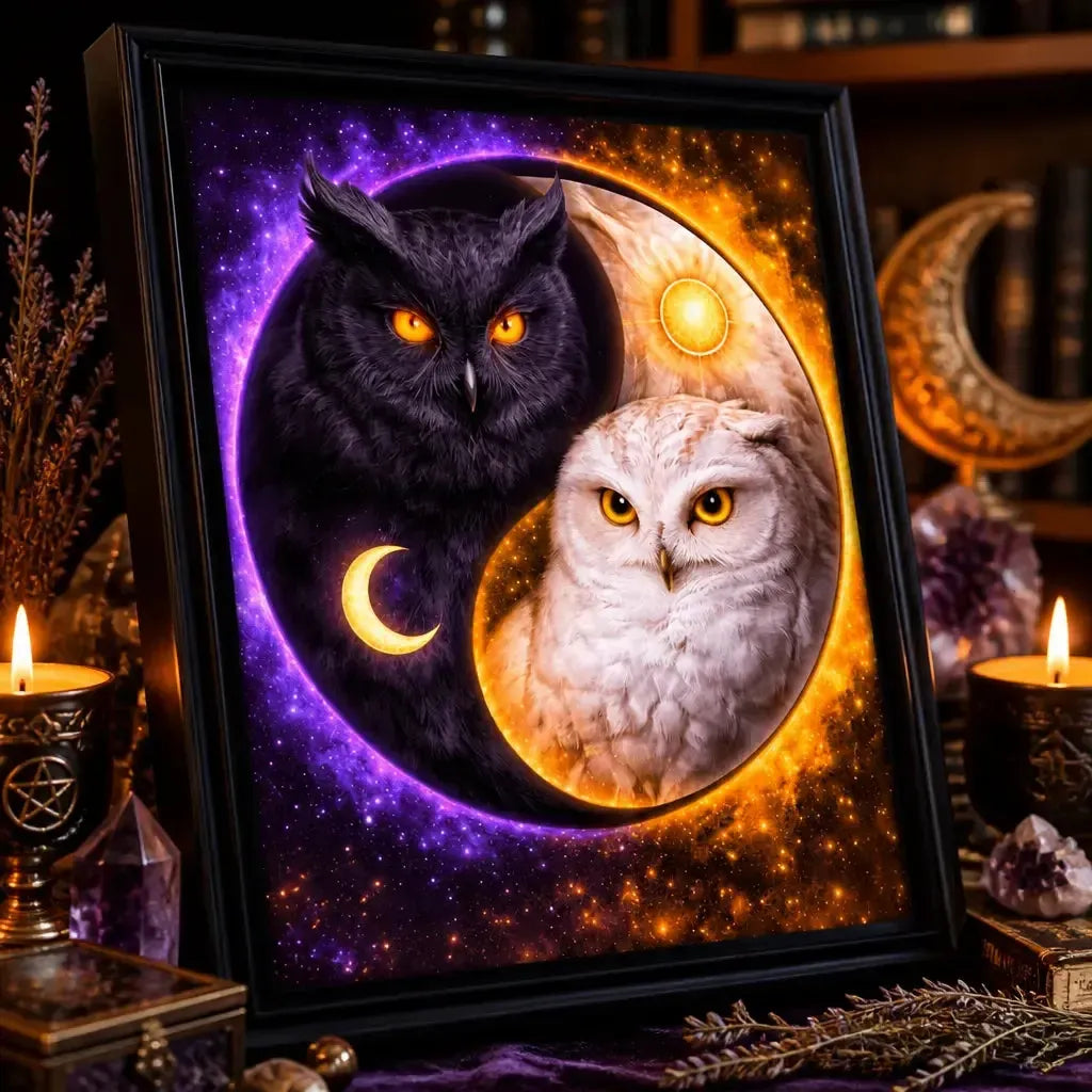 Yin-Yang Owl Canvas Wall Art with Sun Moon - Mystical Black Framed Art Print Wiccan Wall Decor_mockup_3.webp