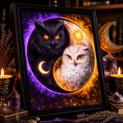 Yin-Yang Owl Canvas Wall Art with Sun Moon - Mystical Black Framed Art Print Wiccan Wall Decor_mockup_3.webp