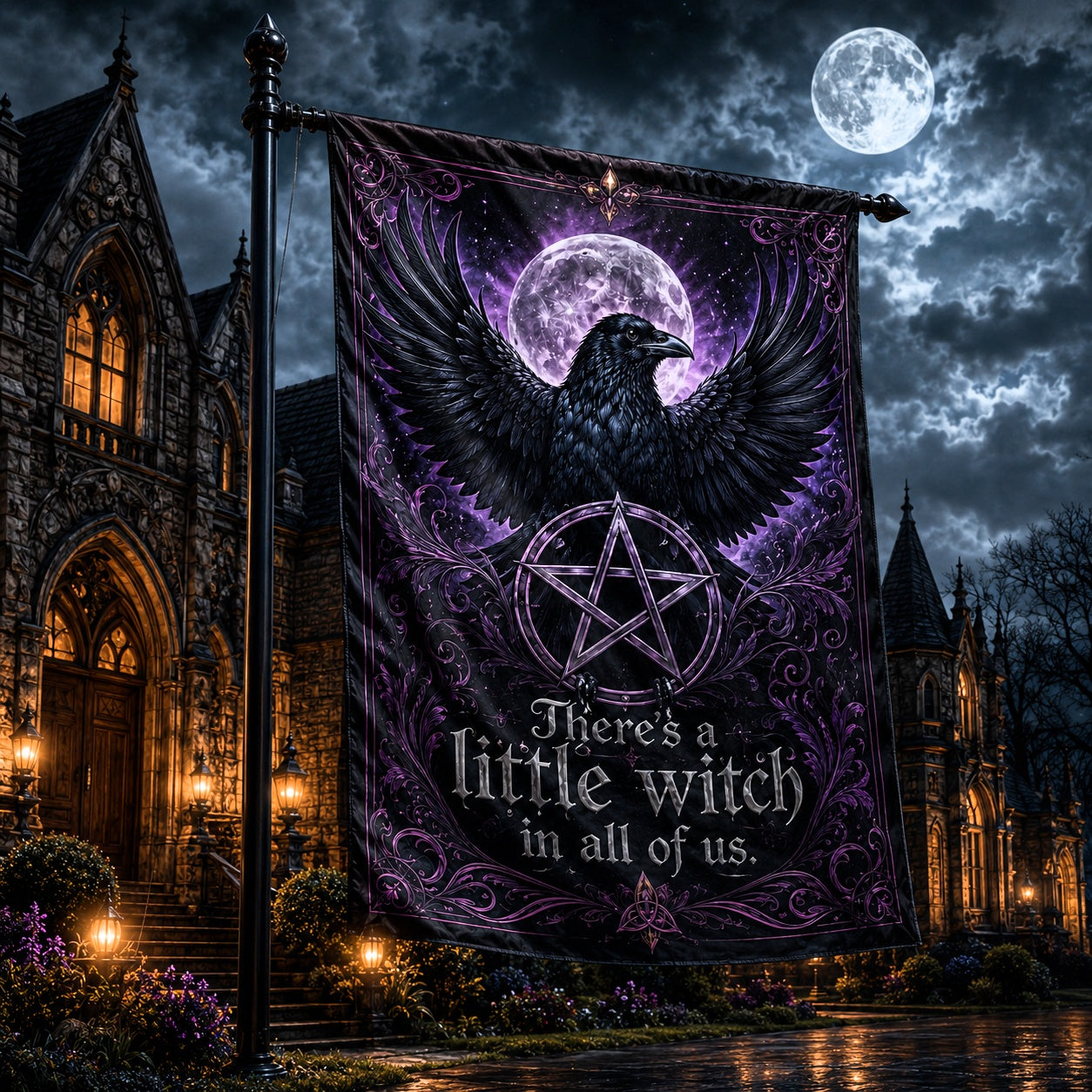 Close-up of Wicca Black Raven Pentacle house flag showing raven and pentacle artwork