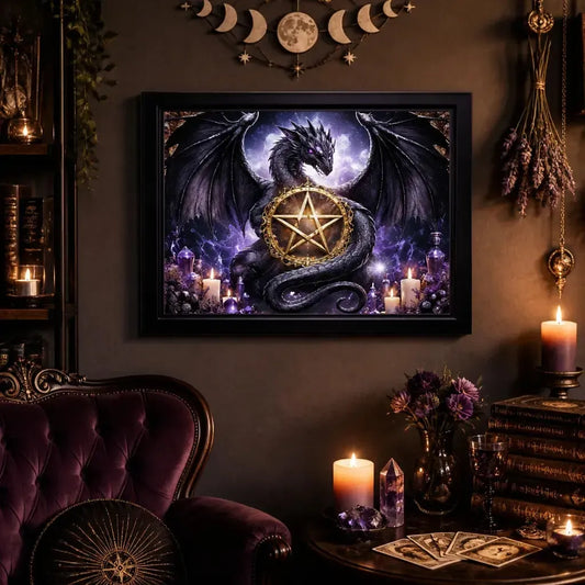 Mystical Dragon Wall Art with Wicca Pentacle - Black Framed Canvas Print for Halloween Gothic Spiritual Decor_mockup_1.webp