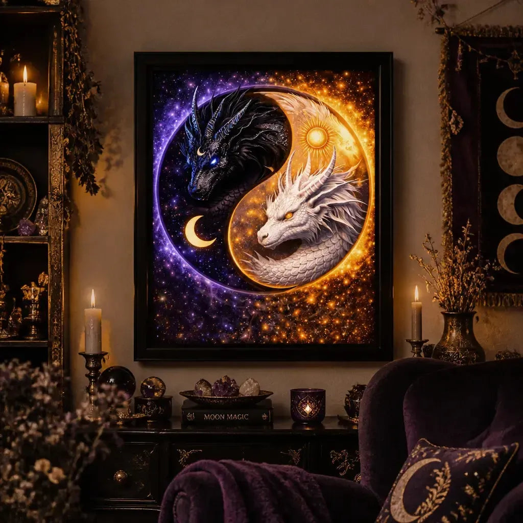 Yin-Yang Dragon Canvas Wall Art with Sun Moon - Mystical Black Framed Art Print for Pagan Altar & Sacred Space_mockup_1.webp