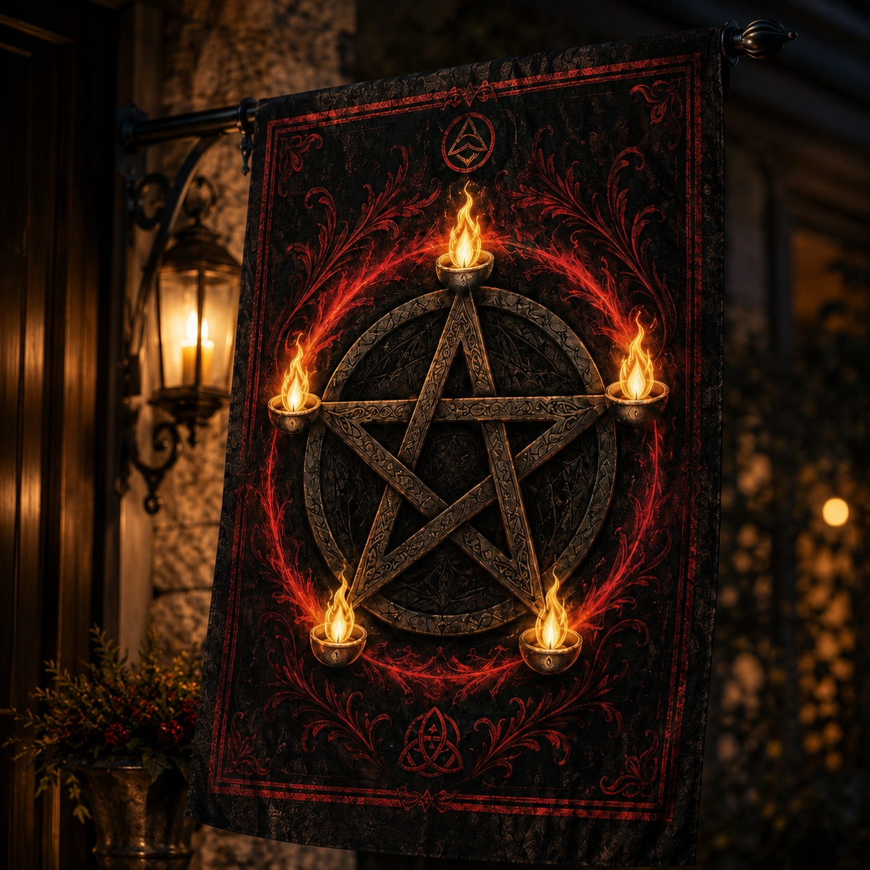 Pentacle Candle Flame house flag displayed outdoors on a garden flag stand