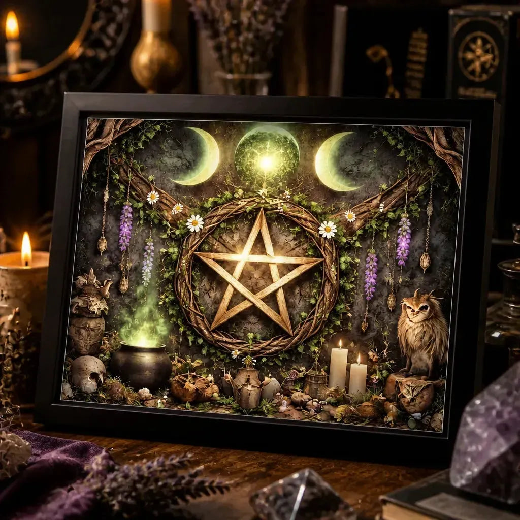 Black Framed Pentacle & Triple Moon Wall Art - Wicca and Pagan Canvas for Witch Home Decor_mockup_3.webp