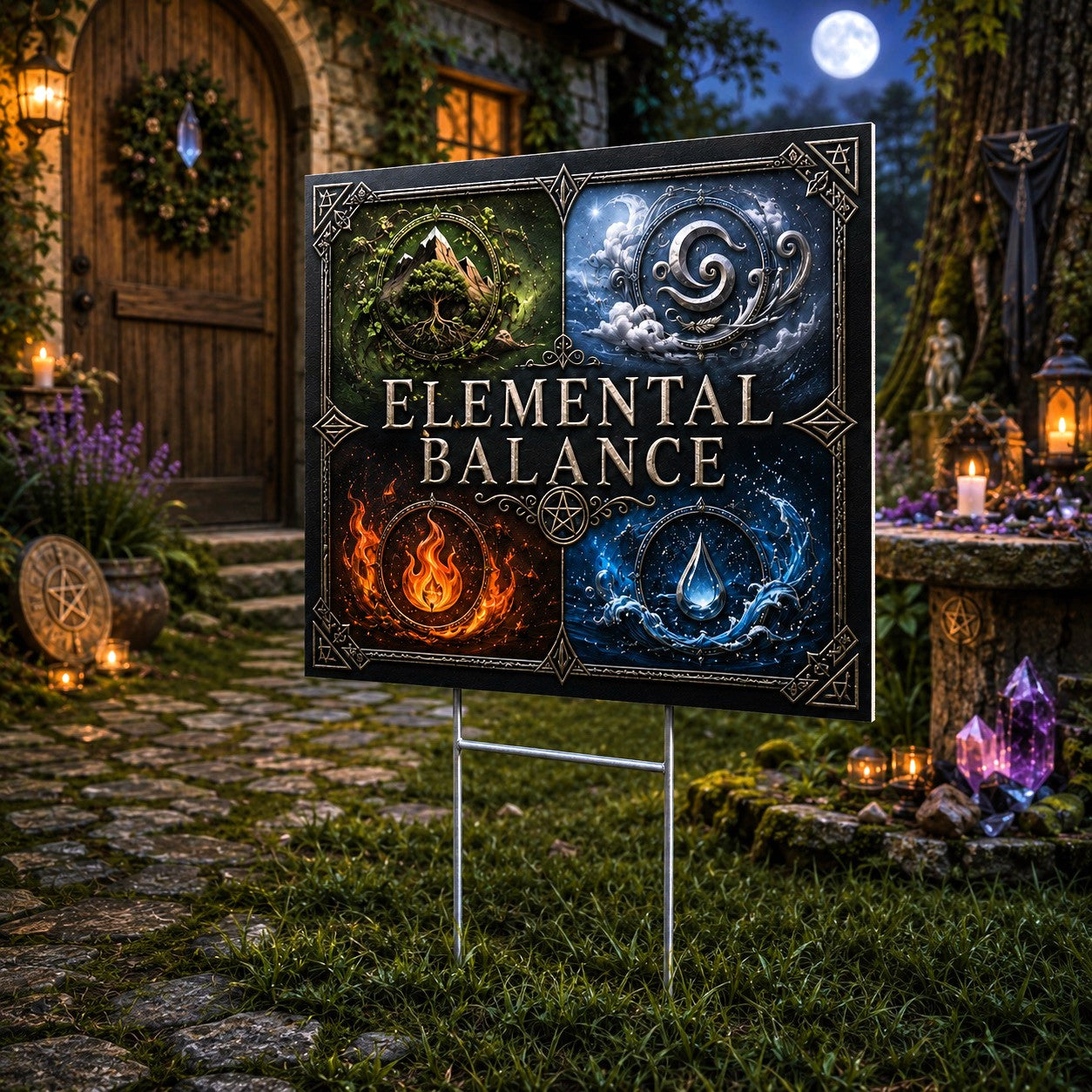 Elemental Balance Four Elements Symbols Wicca Yard Sign - close up detail