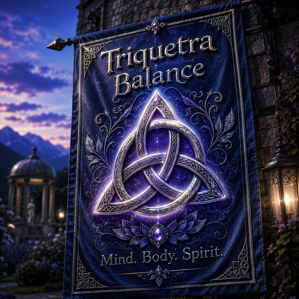 Triquetra Balance house flag displayed outdoors on a garden flag stand